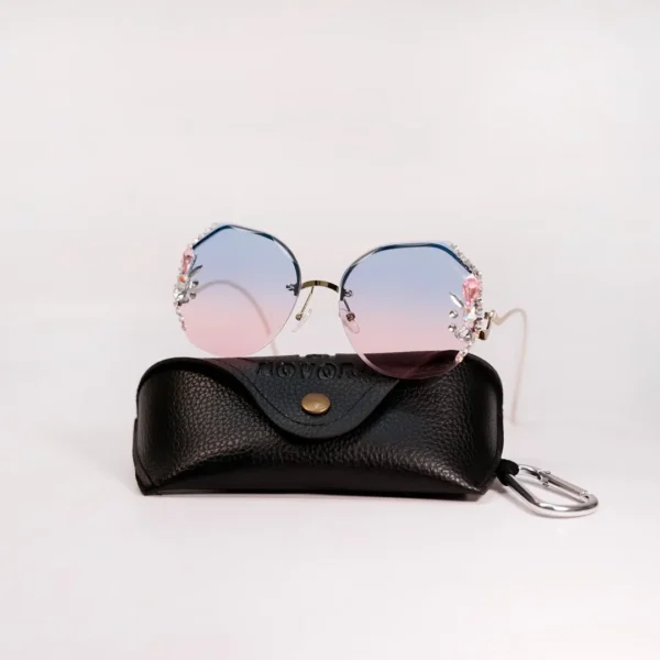 Rimless Gradient Sunglasses with Pink & Blue Lens and Crystal Flower Embellishments for Women