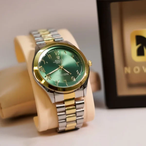 Rolex (1st copy)  Arabic Numeral Quartz Watch, Silver & golden Metal Band, green Dial