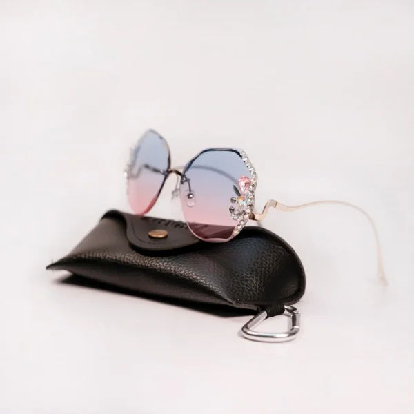 Rimless Gradient Sunglasses with Pink & Blue Lens and Crystal Flower Embellishments for Women