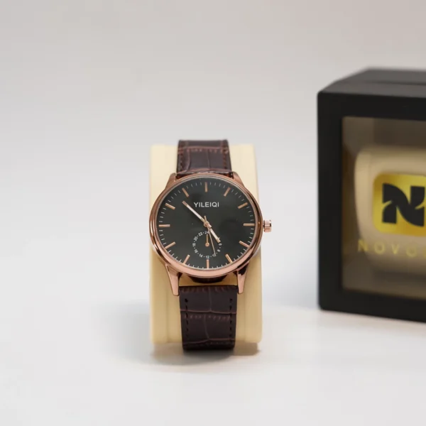 01 'YILEIQI' Rose Gold Watch with Minimalist Black Dial and Brown Leather Strap