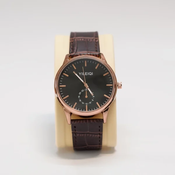 02 'YILEIQI' Rose Gold Watch with Minimalist Black Dial and Brown Leather Strap