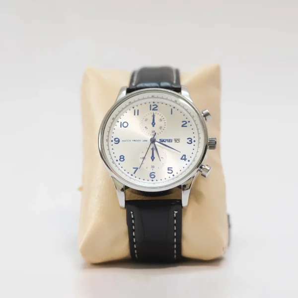 Men's Classic Silver Watch with Black Leather Strap