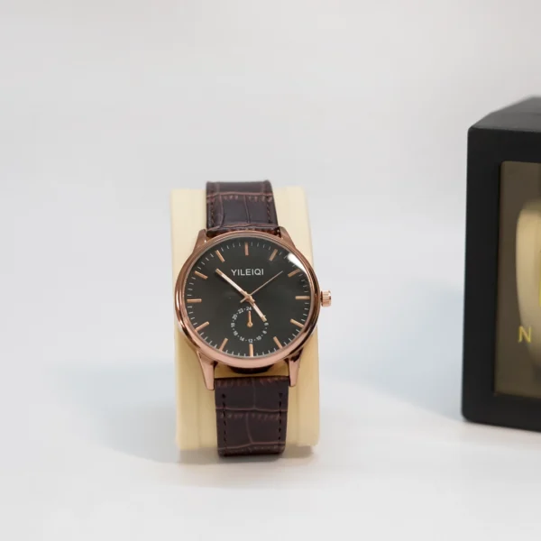 03 'YILEIQI' Rose Gold Watch with Minimalist Black Dial and Brown Leather Strap