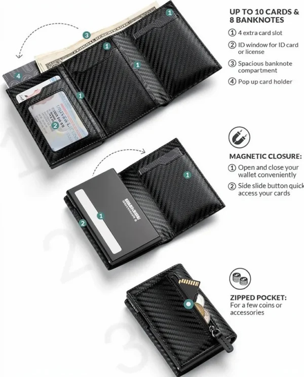 The Meridian Pop-Up Trifold | RFID-Blocking Microfiber Wallet Carbon Fiber