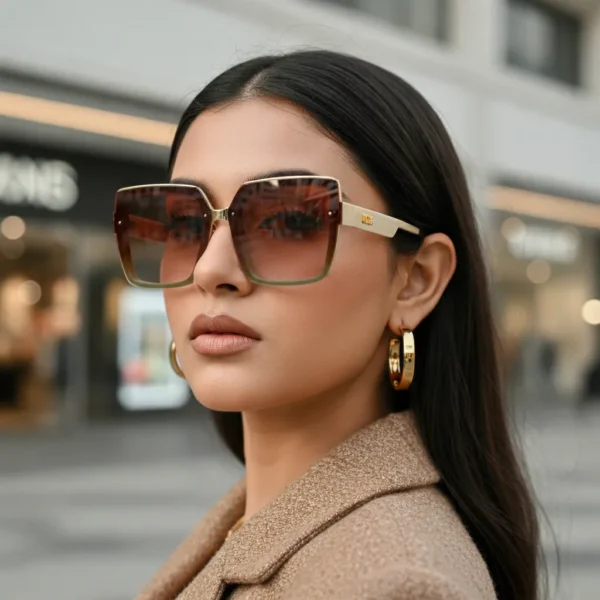 Oversized square sunglasses with a cream-colored frame, brown-to-clear gradient lenses