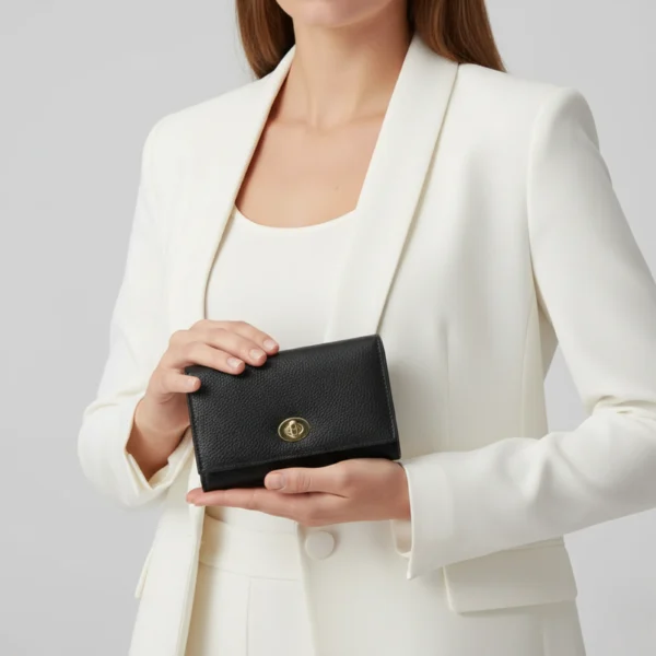 Short Women's Premium PU Leather Wallet Internet Celebrity Style Fashion Open Closure Polyester Lining Portable (Black)