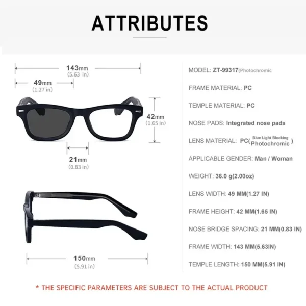 Fancy Designer Photochromic Blue Light Blocking UV400 Protection Sunglasses for Men/Women