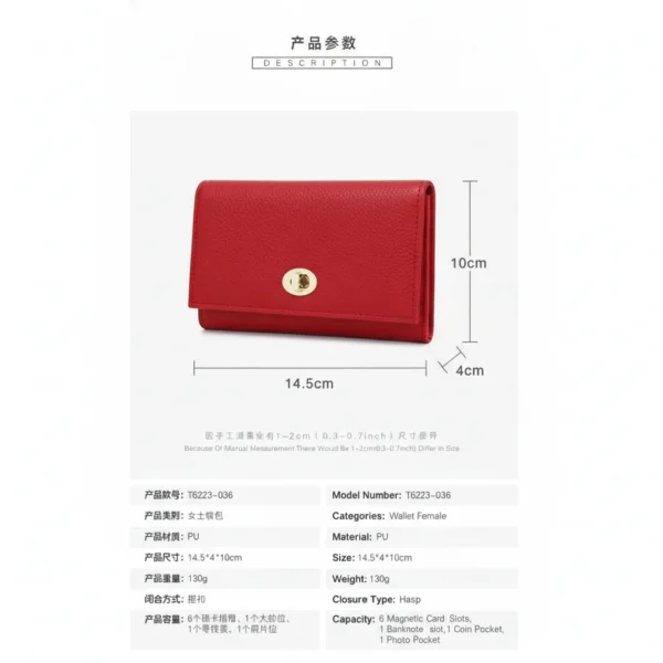 Short Women's Premium PU Leather Wallet Internet Celebrity Style Fashion Open Closure Polyester Lining Portable