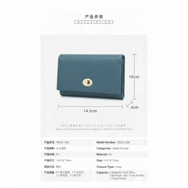 Short Women's Premium PU Leather Wallet Internet Celebrity Style Fashion Open Closure Polyester Lining Portable