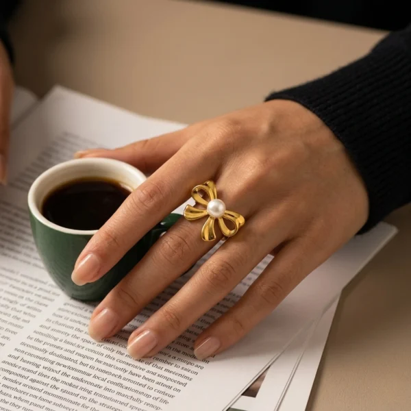 18k Gold Plated Adjustable Pearl Bow Ring - Tarnish Free