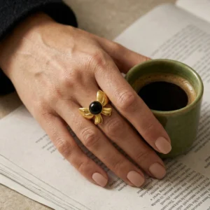 Bow Knot Onyx Stainless Steel Open Ring