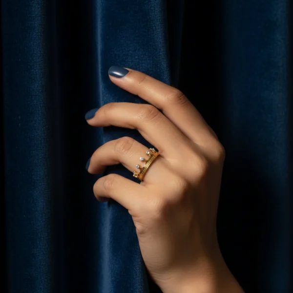 Gold Stainless Steel Rhinestone Crown Open Ring for Women