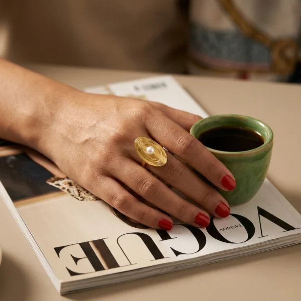Unique Geometric Pearl Open Ring | Zircon Inlaid Stainless