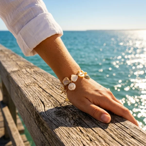 18K Gold Shell & Natural Stone Vintage Bracelet with Gift Box