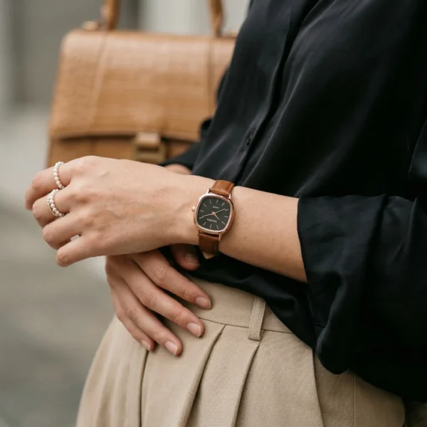 Luxury Rectangle Ladies Quartz Watch Brown Leather