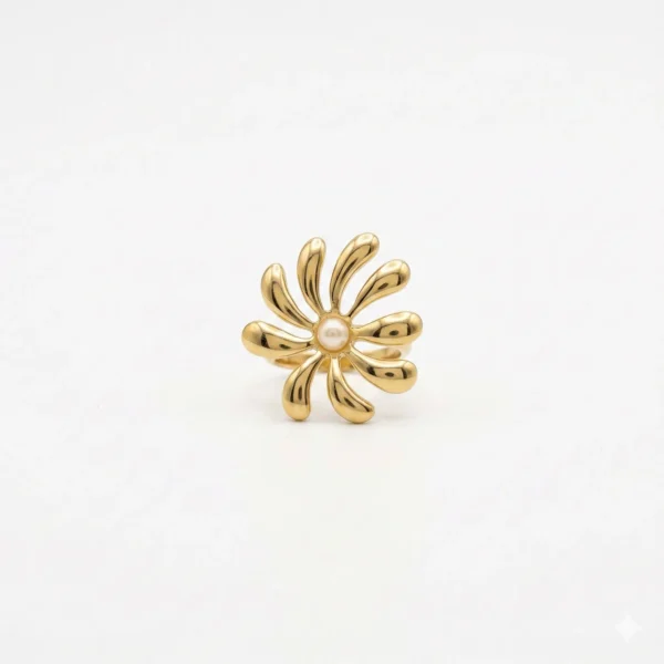 18K Gold Floral Pearl Ring | Vintage Titanium Steel Band
