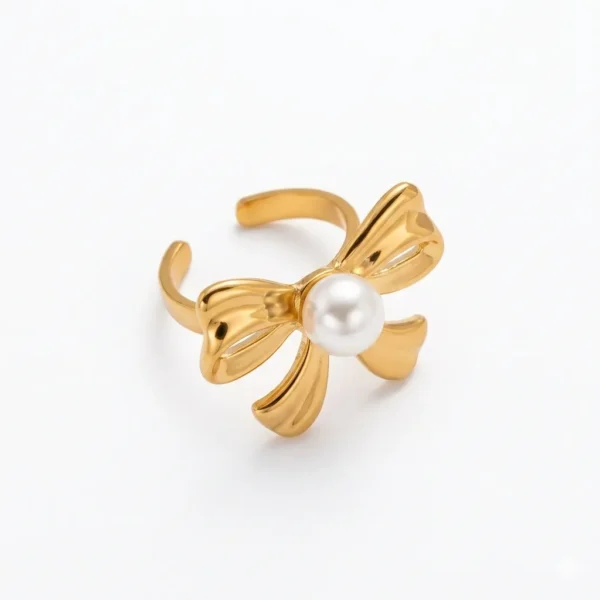 18k Gold Plated Adjustable Pearl Bow Ring - Tarnish Free