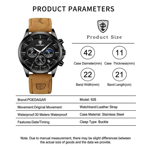 Poedagar Original Men Watch Leather Quartz Chronograph Waterproof