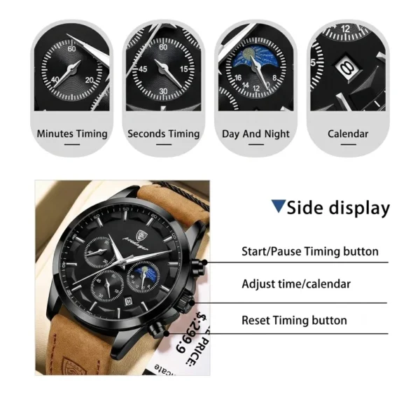 Poedagar Original Men Watch Leather Quartz Chronograph Waterproof