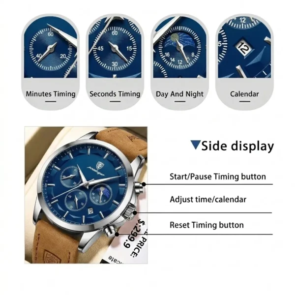 Poedagar Original Men Watch Leather Quartz Chronograph Waterproof