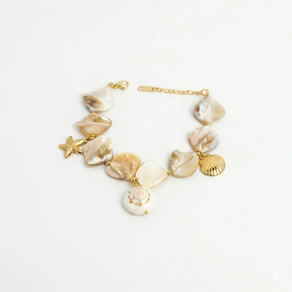 18K Gold Shell & Natural Stone Vintage Bracelet with Gift Box