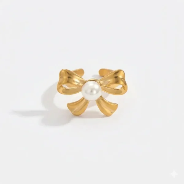 18k Gold Plated Adjustable Pearl Bow Ring - Tarnish Free