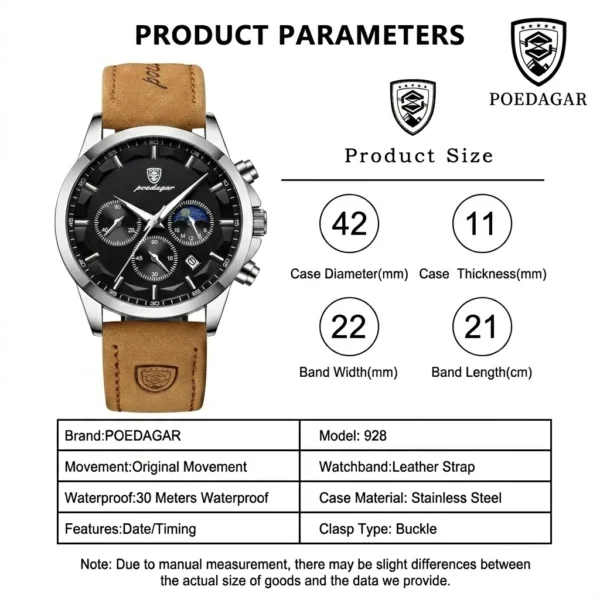Poedagar Original Men Watch Leather Quartz Chronograph Waterproof