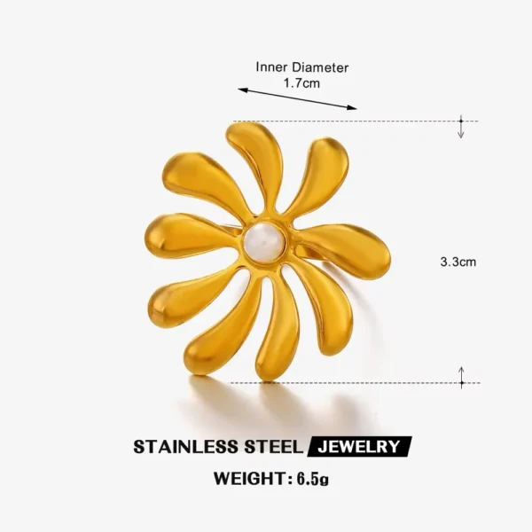 18K Gold Floral Pearl Ring | Vintage Titanium Steel Band