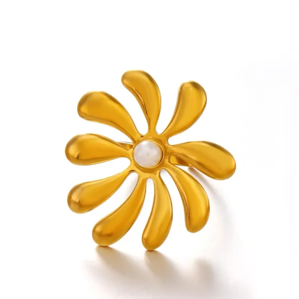 18K Gold Floral Pearl Ring | Vintage Titanium Steel Band