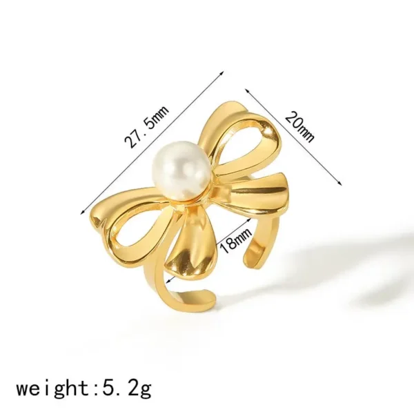 18k Gold Plated Adjustable Pearl Bow Ring - Tarnish Free