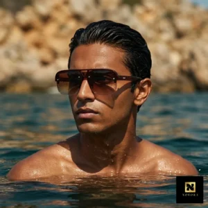 Man Trendy UV400 Half Rim Sunglasses Brown