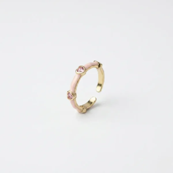 Pink Enamel Heart Adjustable Gold Ring
