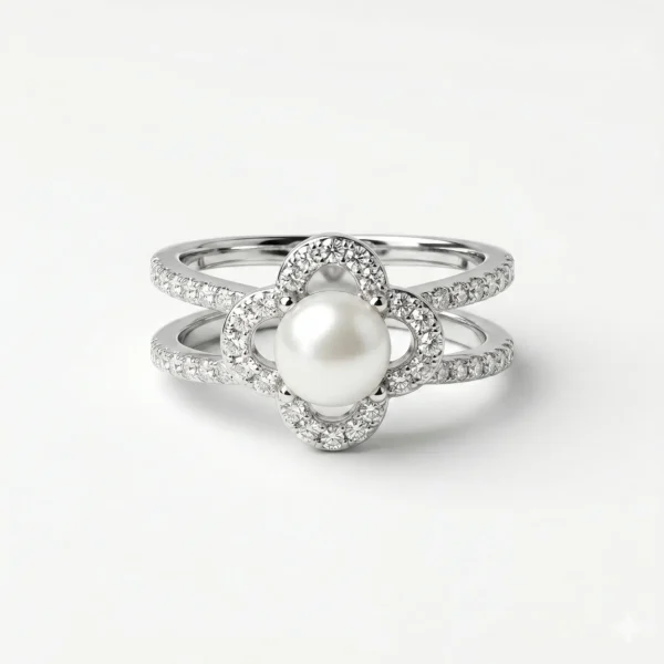 Pearl Clover Halo Gold Double-Band Rings Silver
