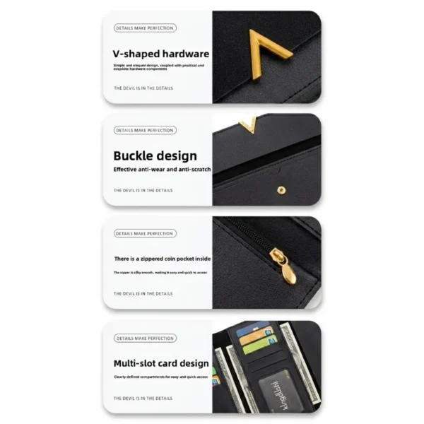 Korean Style Slim PU Leather Long Wallet Black