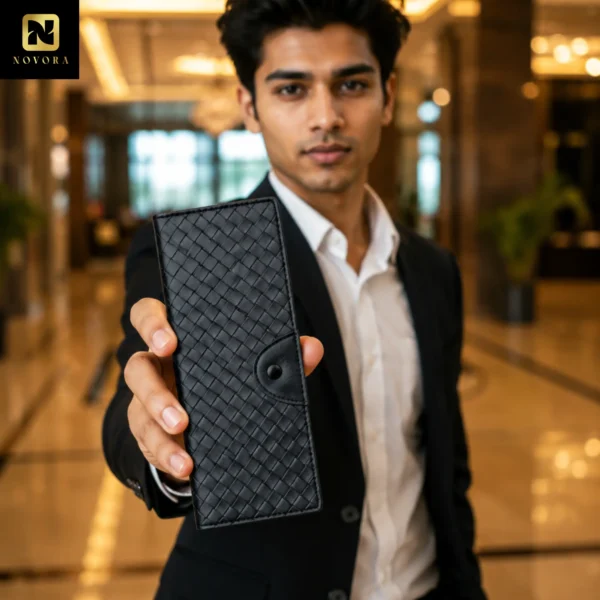 Vintage Woven Pattern Long PU Wallet Black