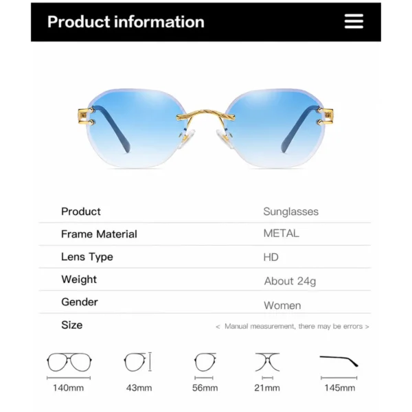 NOVORA Luxury Vintage Rectangle Sunglasses for Women | UV400 Metal Rimless Square Eyewear with Elegant Retro Fashion Design BLUE