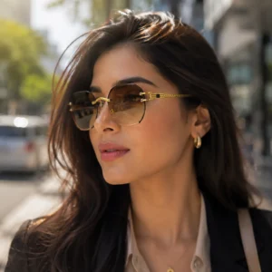 NOVORA Luxury Vintage Rectangle Sunglasses for Women | UV400 Metal Rimless Square Eyewear with Elegant Retro Fashion Design Coffe