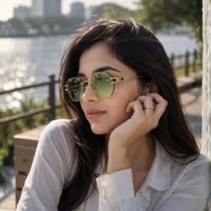 NOVORA Luxury Vintage Rectangle Sunglasses for Women | UV400 Metal Rimless Square Eyewear with Elegant Retro Fashion Design Green