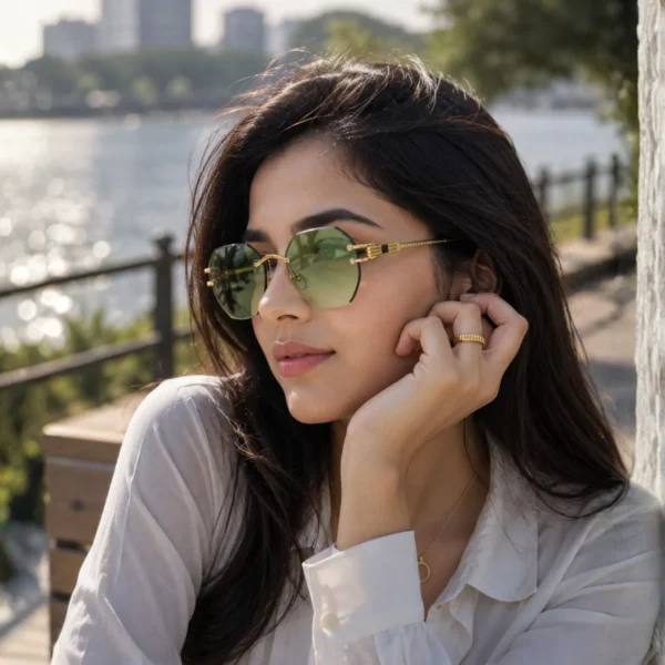 NOVORA Luxury Vintage Rectangle Sunglasses for Women | UV400 Metal Rimless Square Eyewear with Elegant Retro Fashion Design Green
