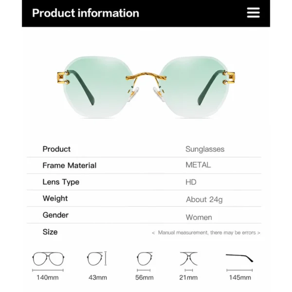NOVORA Luxury Vintage Rectangle Sunglasses for Women | UV400 Metal Rimless Square Eyewear with Elegant Retro Fashion Design Green