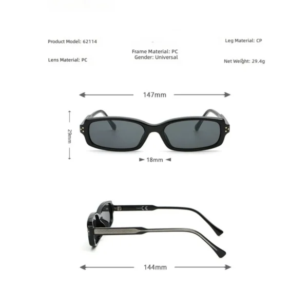 NOVORA Luxury Y2K Narrow Rectangle Sunglasses | UV400 Slim Full-Rim Eyewear with Mesh Temple & Rivet Details, Retro Fashion Design Black