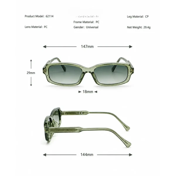 NOVORA Luxury Y2K Narrow Rectangle Sunglasses | UV400 Slim Full-Rim Eyewear with Mesh Temple & Rivet Details, Retro Fashion Design Green