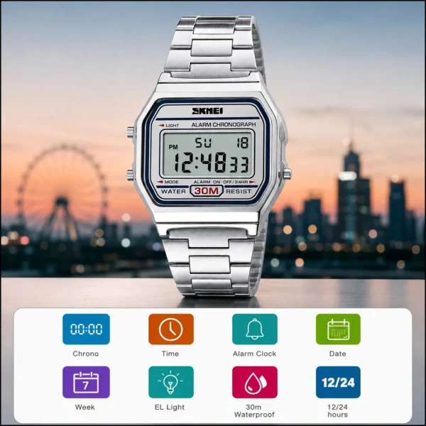 SKMEI 1123 Men’s Luxury Digital Watch | SILVER-Plated Fashion Wristwatch, Stylish Retro Design for Men