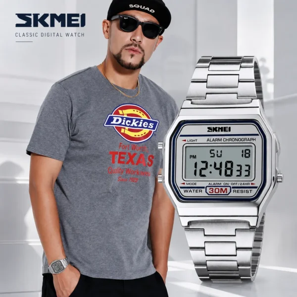 SKMEI 1123 Men’s Luxury Digital Watch | SILVER-Plated Fashion Wristwatch, Stylish Retro Design for Men