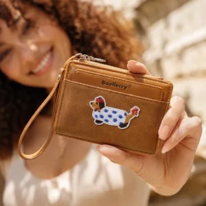 Novora Women's Short PU Leather Wallet | Cute Dachshund Embroidered Design with Multiple Card Slots, Small Fashion Wallet for Girls & Students BROWN