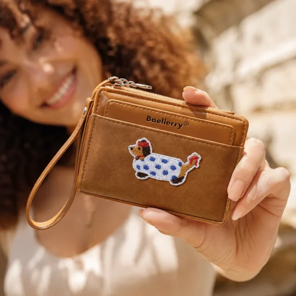 Novora Women's Short PU Leather Wallet | Cute Dachshund Embroidered Design with Multiple Card Slots, Small Fashion Wallet for Girls & Students BROWN