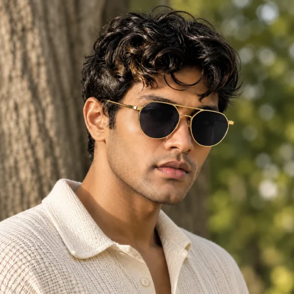 NOVORA Metal Double Bridge Sunglasses Champagne Gold Frame PC Lens UV400 Protection for Men & Women | Stylish Eyewear for Driving, Outdoor & Travel. GOLDEN