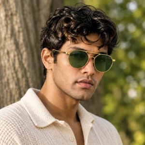 NOVORA Metal Double Bridge Sunglasses Champagne Gold Frame PC Lens UV400 Protection for Men & Women | Stylish Eyewear for Driving, Outdoor & Travel. GREEN