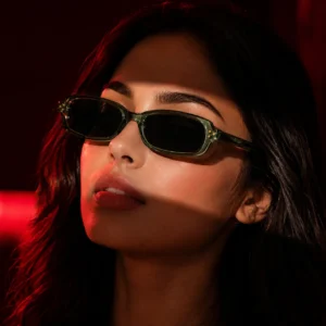 NOVORA Luxury Y2K Narrow Rectangle Sunglasses | UV400 Slim Full-Rim Eyewear with Mesh Temple & Rivet Details, Retro Fashion Design Green