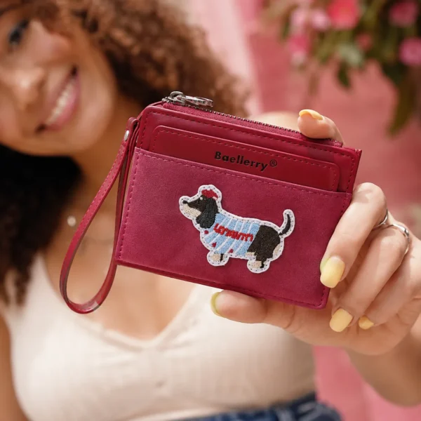 Novora Women's Short PU Leather Wallet | Cute Dachshund Embroidered Design with Multiple Card Slots, Small Fashion Wallet for Girls & Students RED WINE